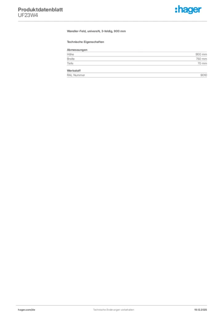 Bild Hager Produktdatenblatt UF23W4 | Hager Deutschland