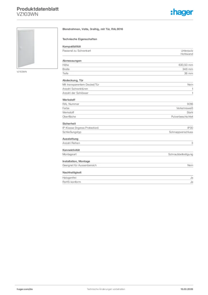 Bild Hager Produktdatenblatt VZ103WN | Hager Deutschland