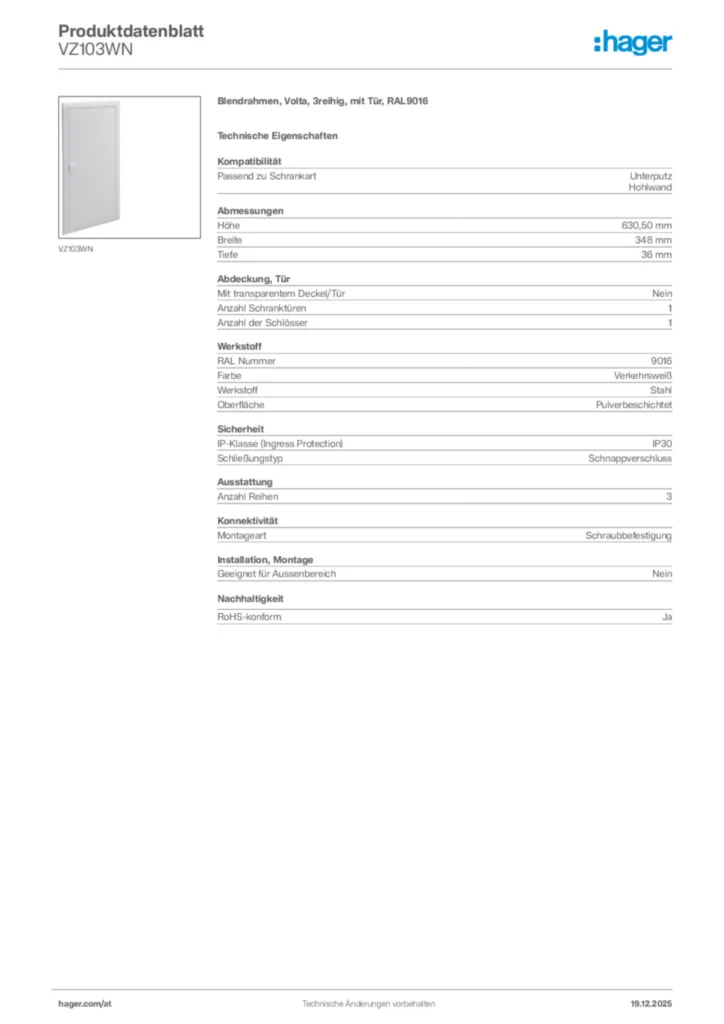 Bild Hager Produktdatenblatt VZ103WN | Hager Deutschland