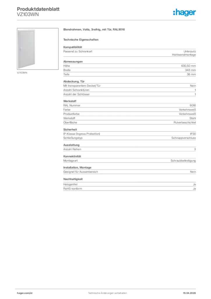Bild Hager Produktdatenblatt VZ103WN | Hager Deutschland