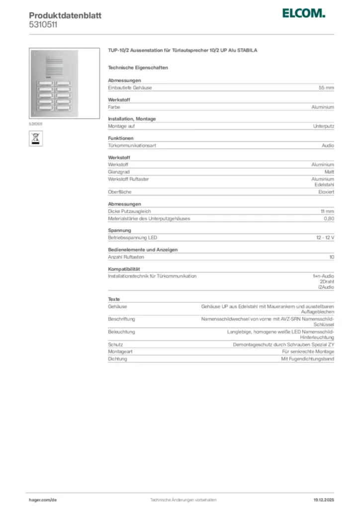 Bild Elcom Produktdatenblatt 5310511 | Hager Deutschland