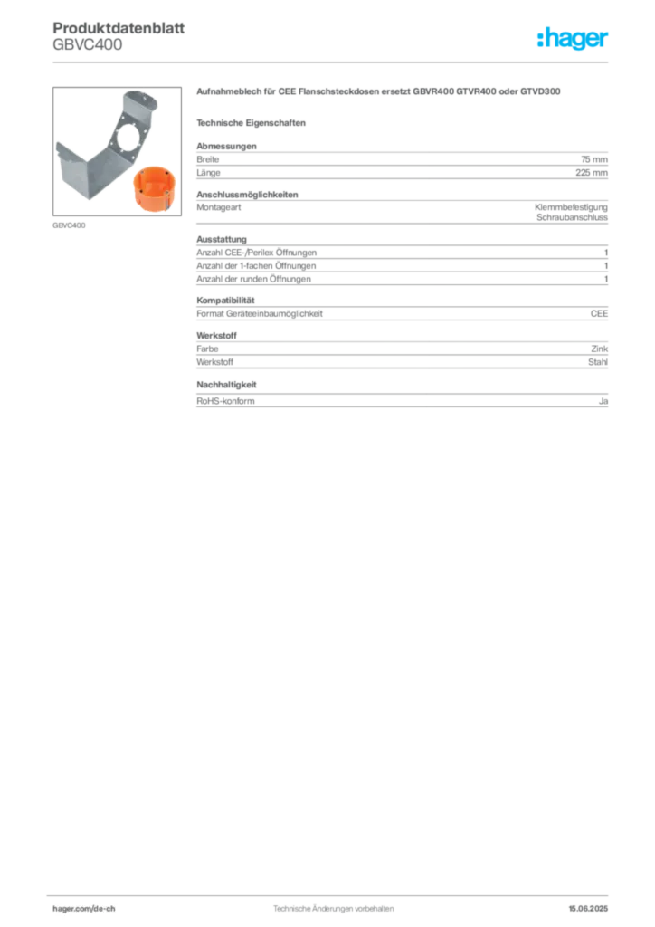 Bild Hager Produktdatenblatt GBVC400 | Hager Schweiz