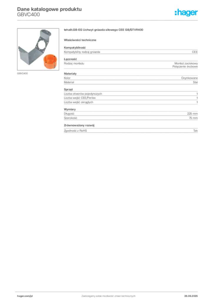 Zdjęcie Hager Karta katalogowa GBVC400 | Hager Polska