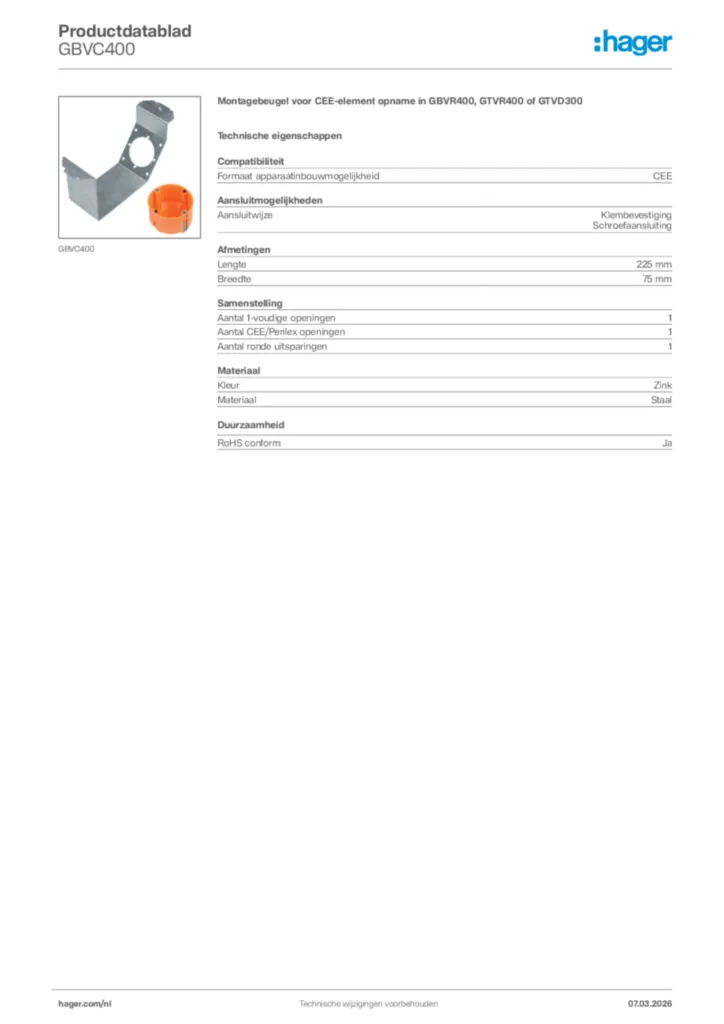 Afbeelding Hager Productdatablad GBVC400 | Hager Nederland