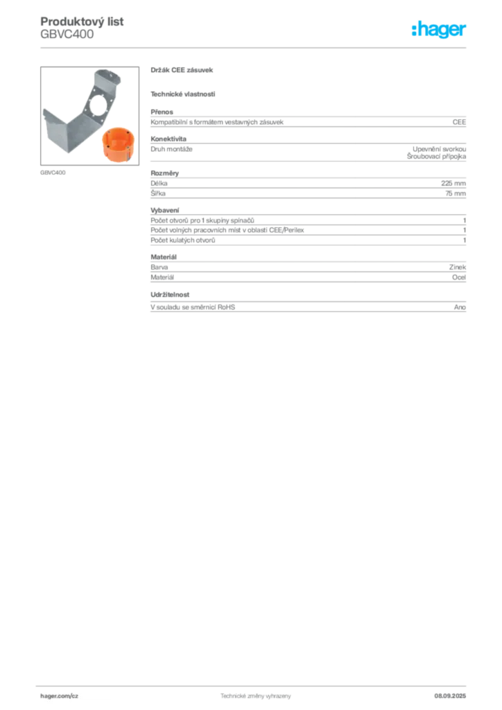 Obrázek Hager Produktový list GBVC400 | Hager