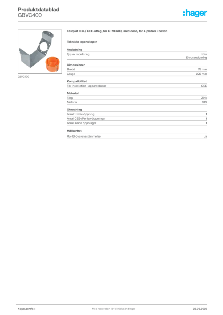 Bild Hager Produktdatablad GBVC400 | Hager Sverige