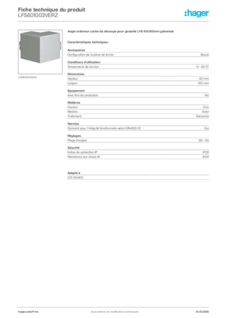 Image Hager Fiche technique du produit LFS601003VERZ | Hager Belgique