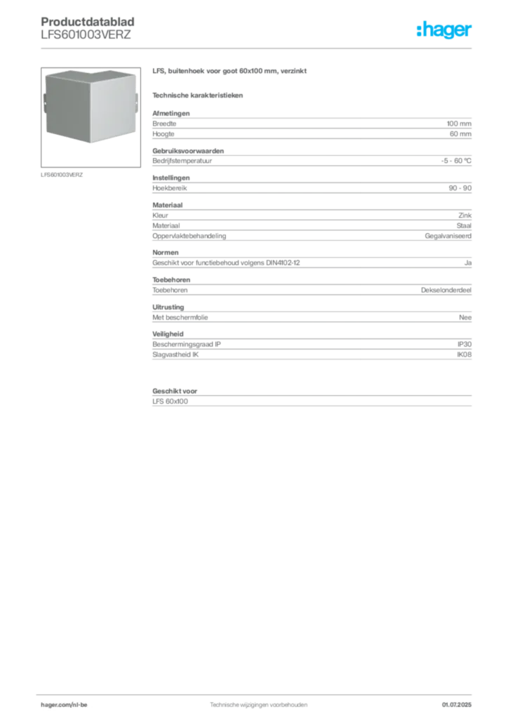 Afbeelding Hager Productdatablad LFS601003VERZ | Hager Belgium