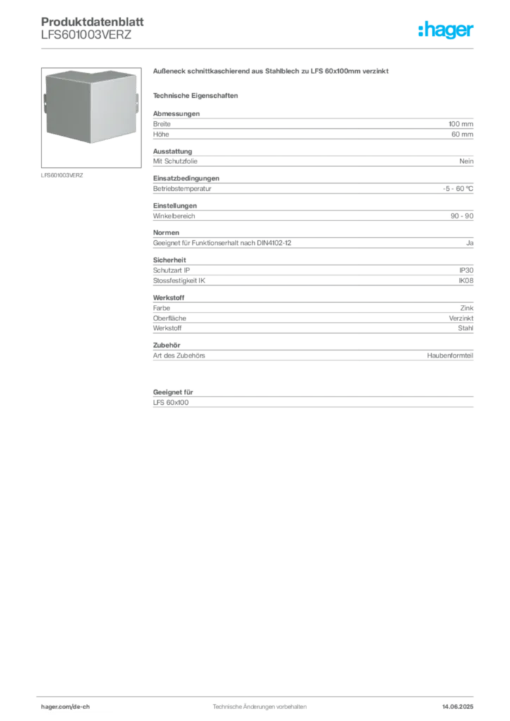 Bild Hager Produktdatenblatt LFS601003VERZ | Hager Schweiz