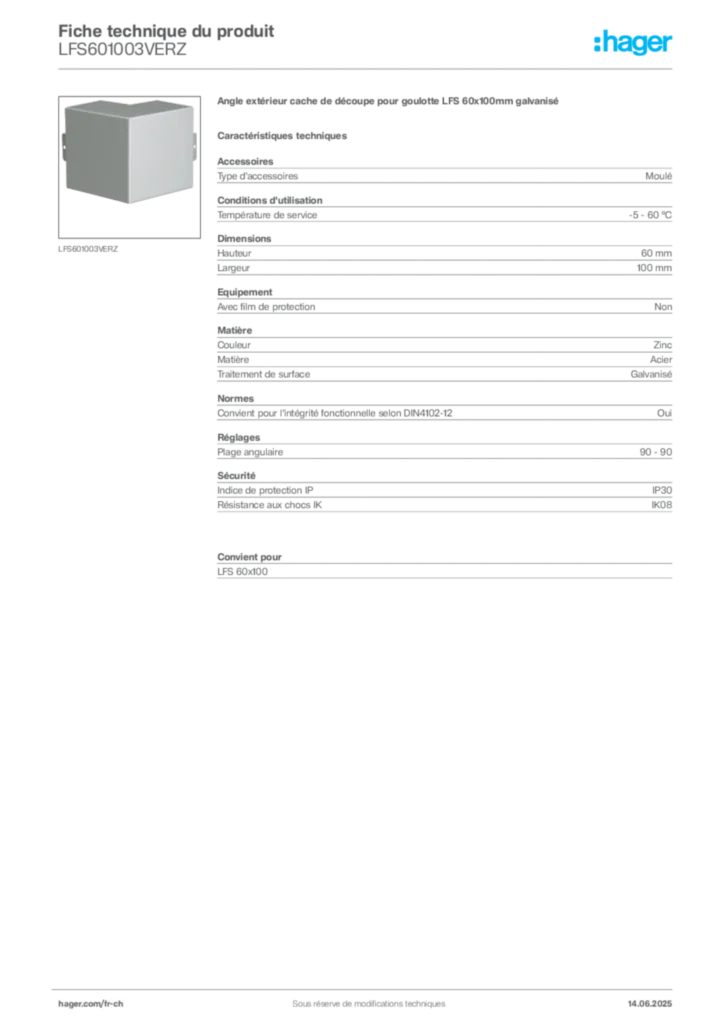 Image Hager Fiche technique du produit LFS601003VERZ | Hager Suisse