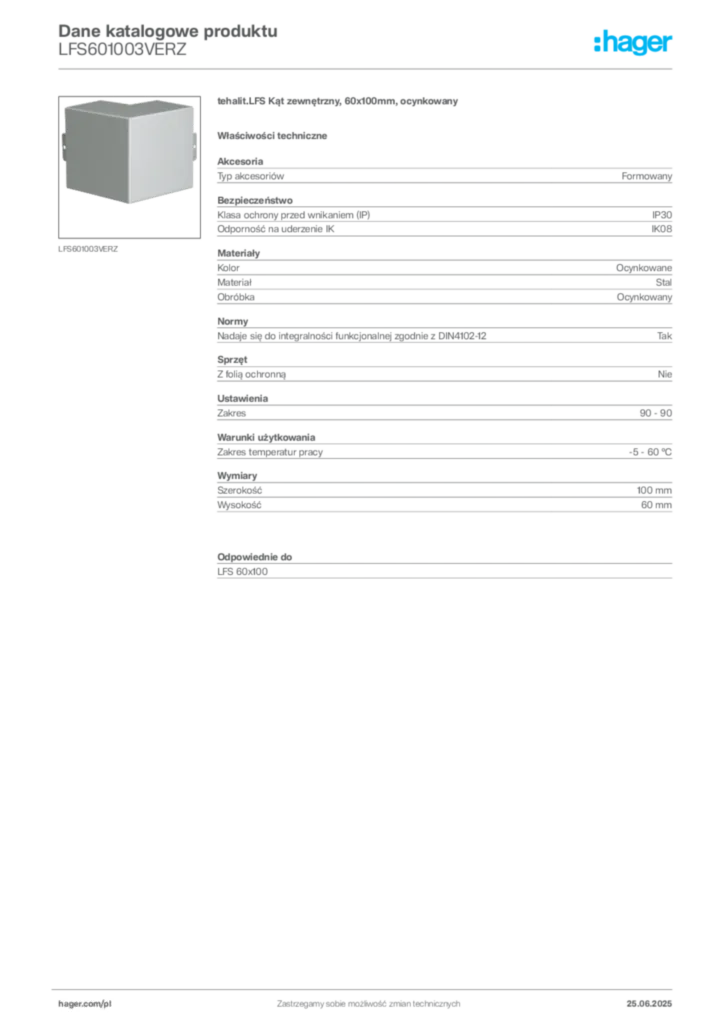 Zdjęcie Hager Karta katalogowa LFS601003VERZ | Hager Polska