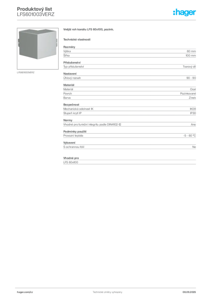 Obrázek Hager Produktový list LFS601003VERZ | Hager