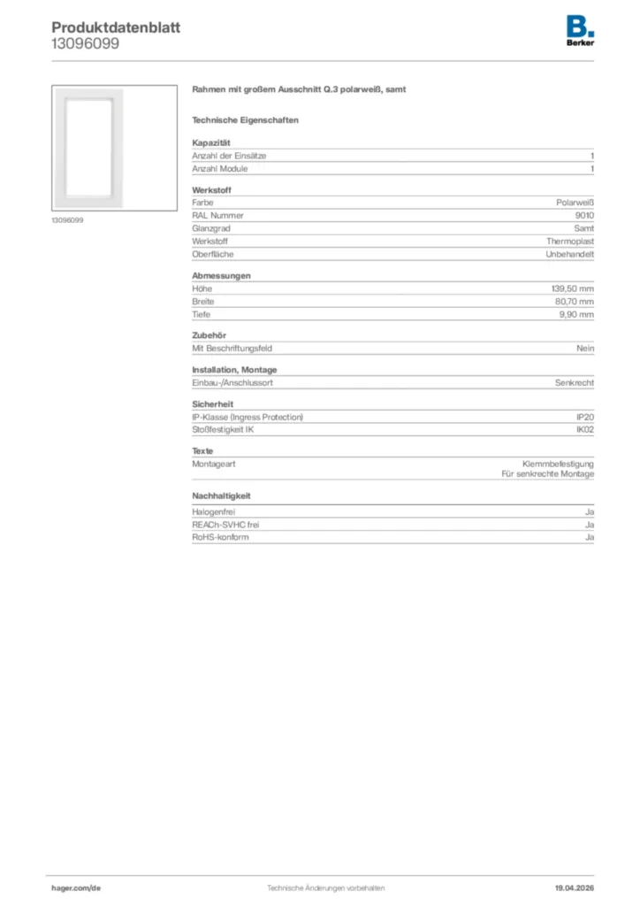 Bild Berker Produktdatenblatt 13096099 | Hager Deutschland