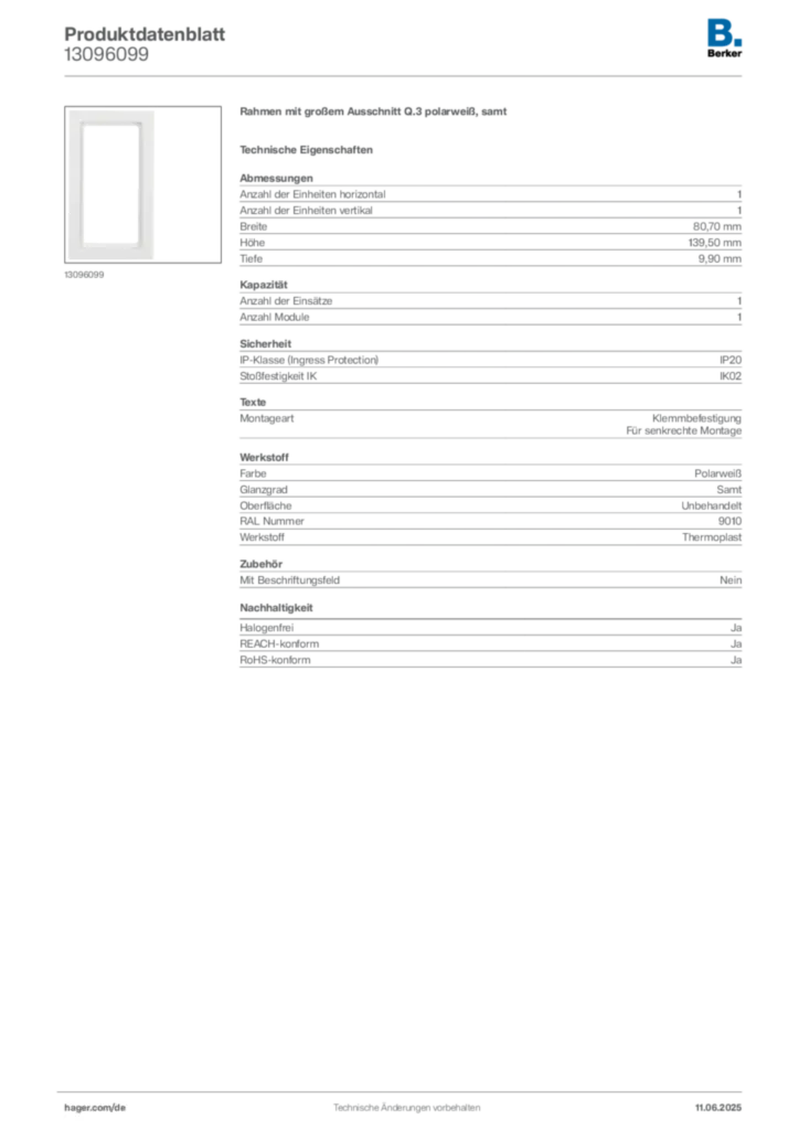 Bild Berker Produktdatenblatt 13096099 | Hager Deutschland