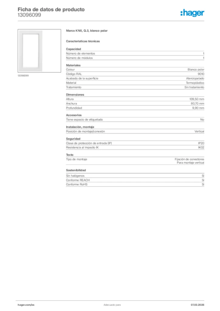 Imagen Hager Ficha de datos de producto 13096099 | Hager España