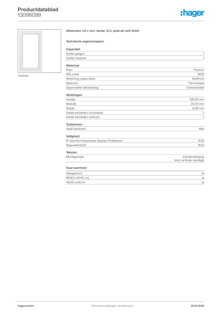 Afbeelding Hager Productdatablad 13096099 | Hager Nederland