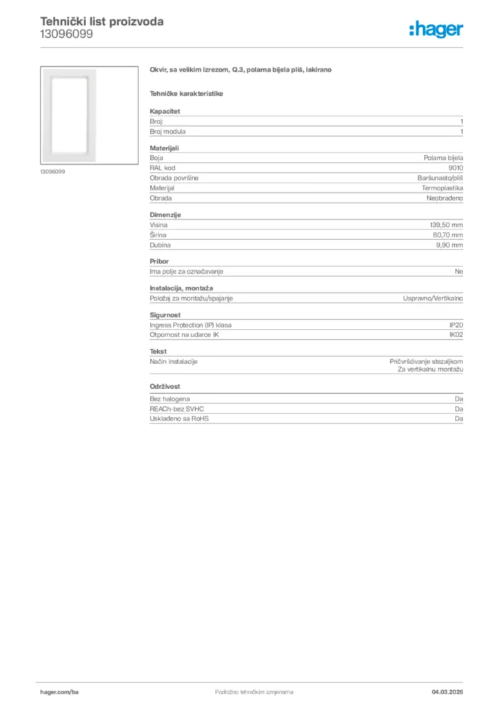 Slika Hager Tehnički list proizvoda 13096099  | Hager
