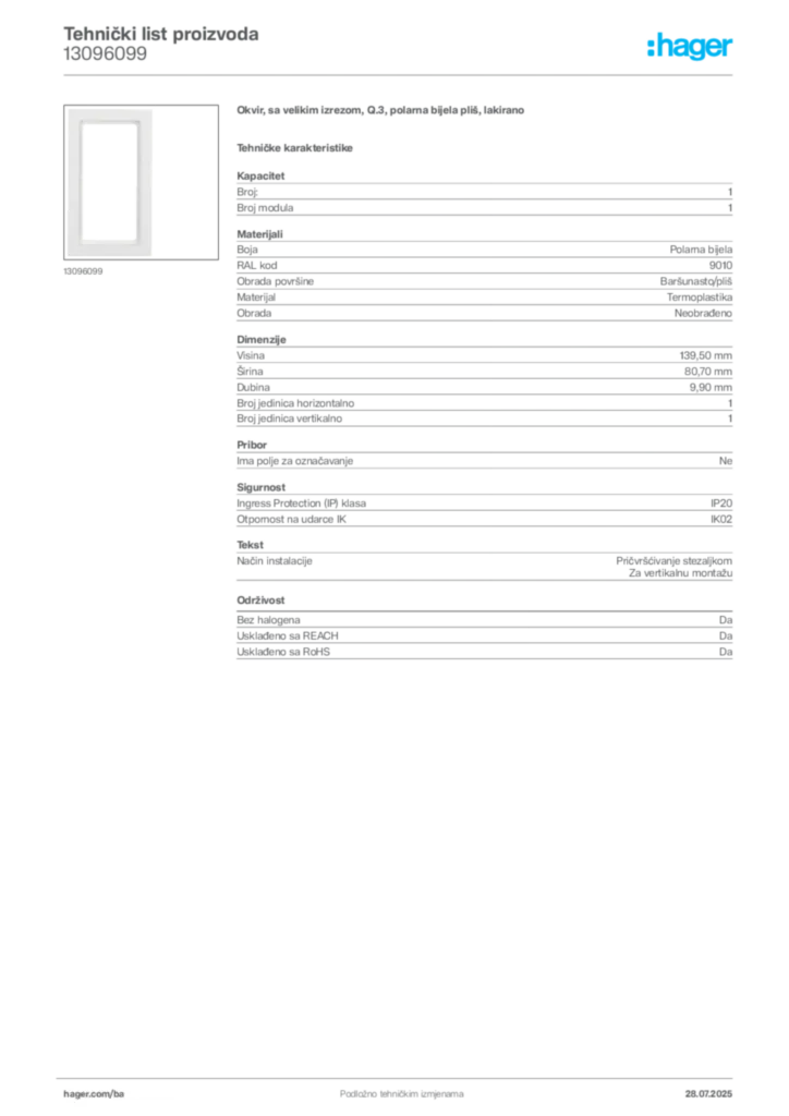 Slika Hager Product data sheet 13096099  | Hager