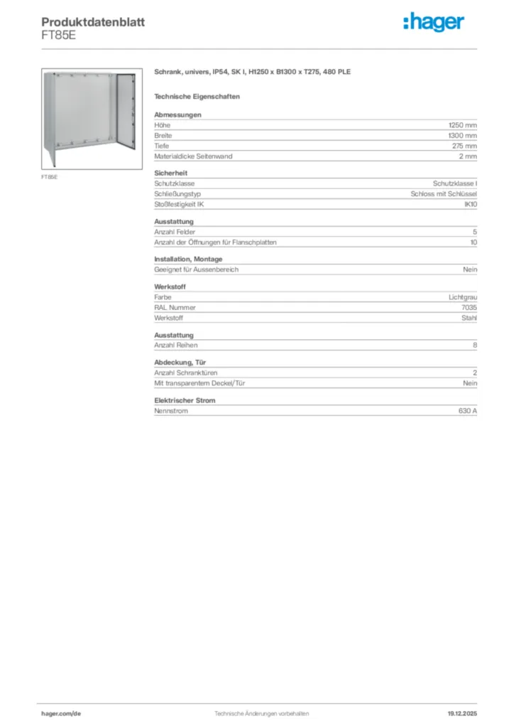 Bild Hager Produktdatenblatt FT85E | Hager Deutschland