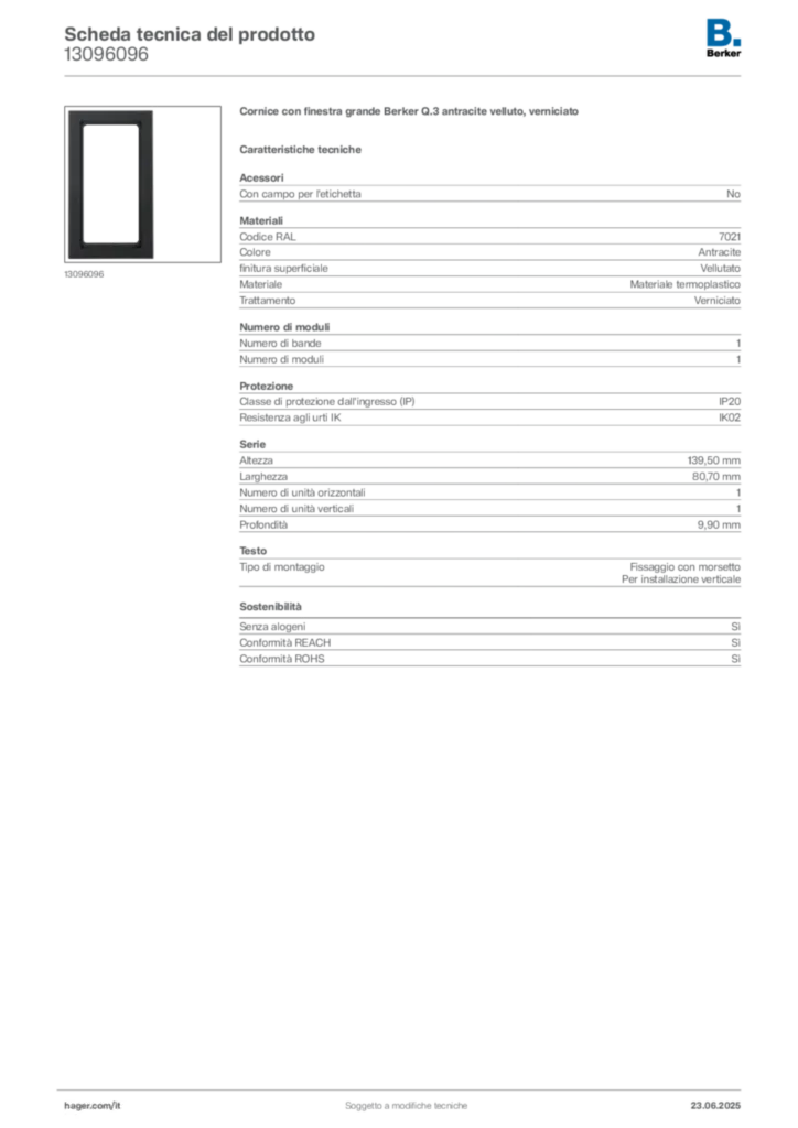 Immagine Berker Scheda tecnica del prodotto 13096096 | Hager Italia