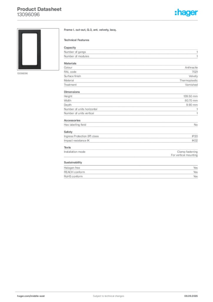 Image Hager Product data sheet 13096096  | Hager