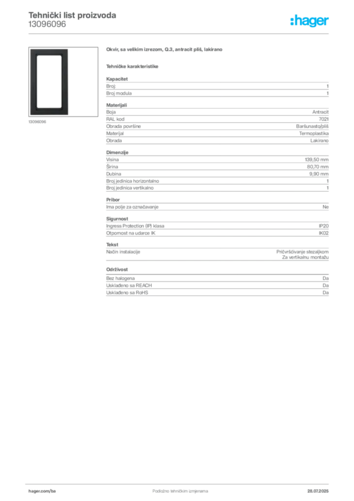 Slika Hager Product data sheet 13096096  | Hager