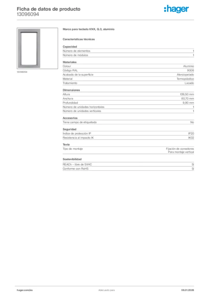 Imagen Hager Ficha de datos de producto 13096094 | Hager España
