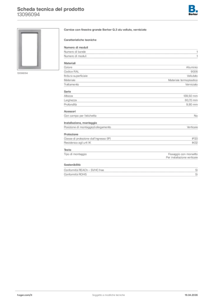 Immagine Berker Scheda tecnica del prodotto 13096094 | Hager Italia