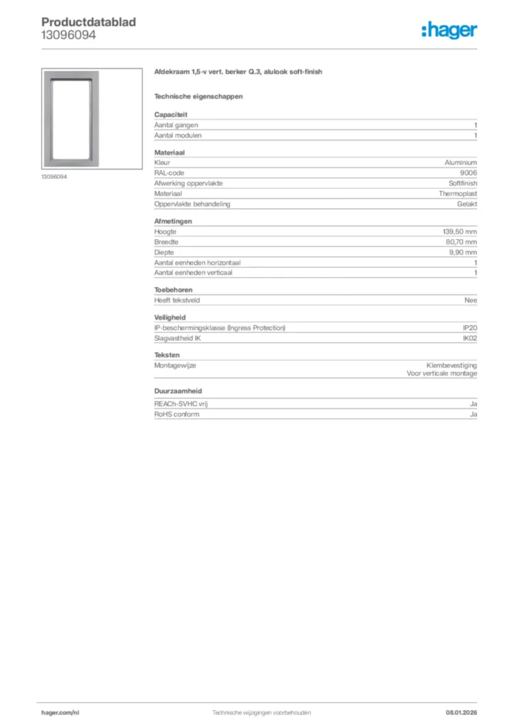 Afbeelding Hager Productdatablad 13096094 | Hager Nederland