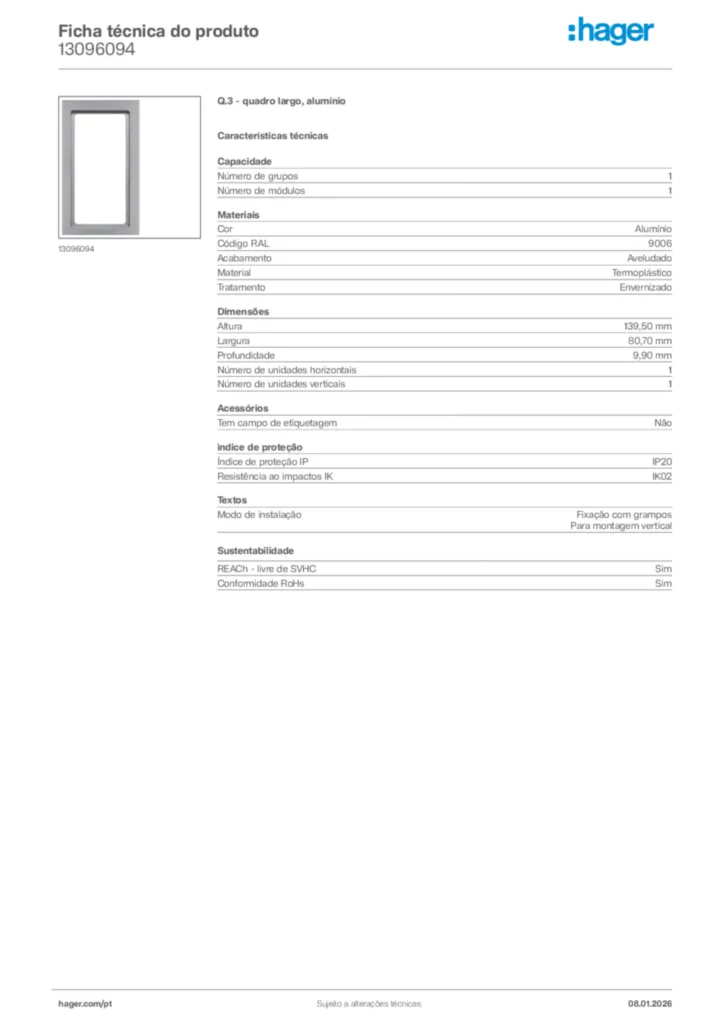 Imagem Hager Ficha técnica do produto 13096094 | Hager Portugal