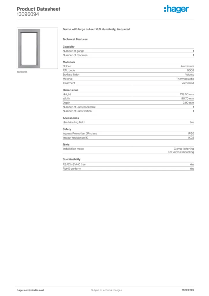 Image Hager Product data sheet 13096094  | Hager