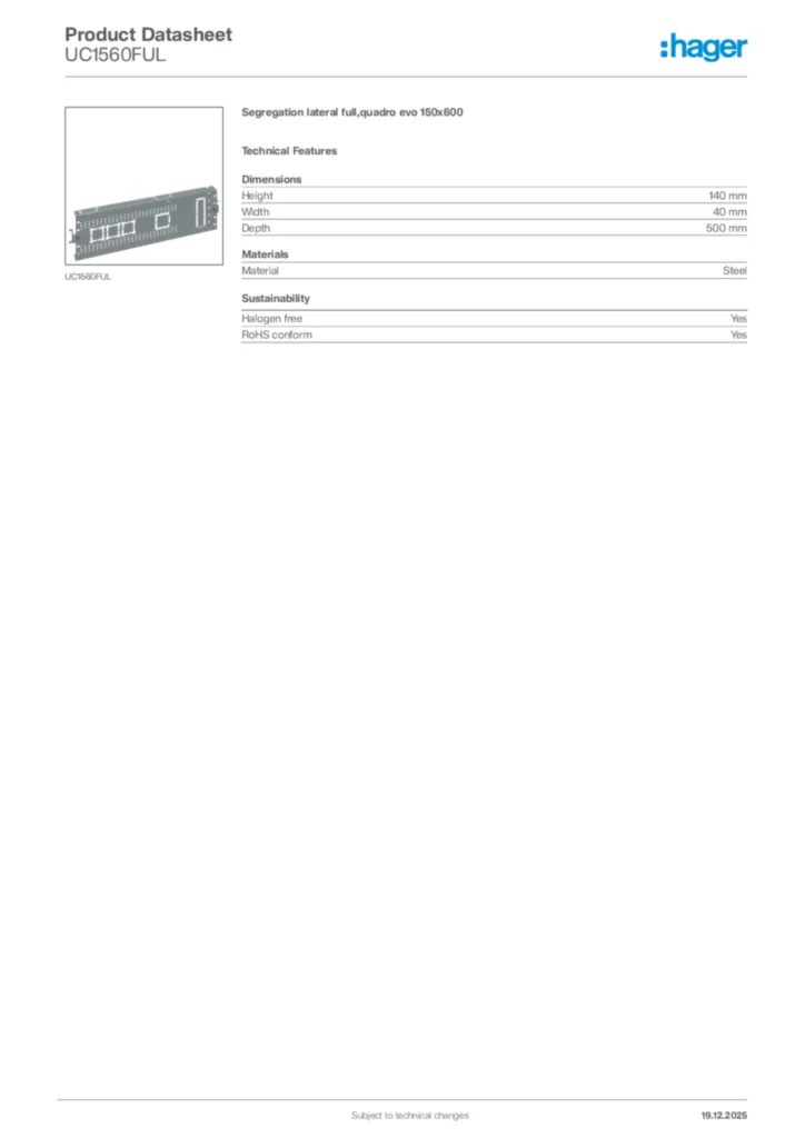 Image Hager Product data sheet UC1560FUL  | Hager Africa