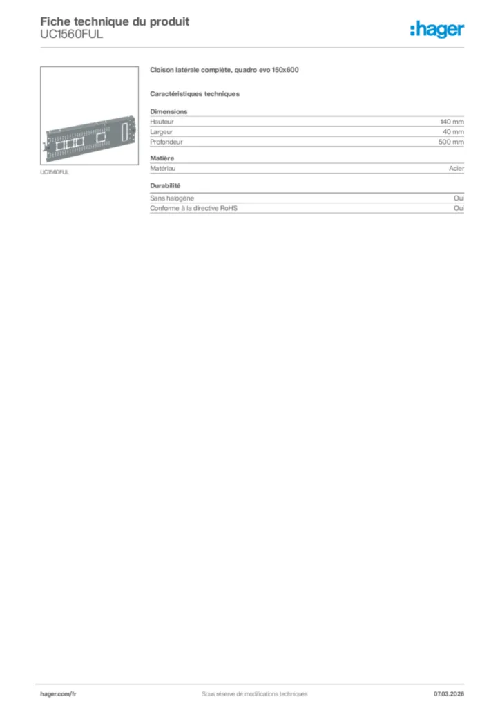 Image Hager Fiche technique du produit UC1560FUL | Hager France
