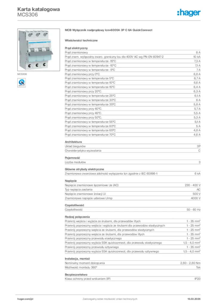 Zdjęcie Hager Karta katalogowa MCS306 | Hager Polska