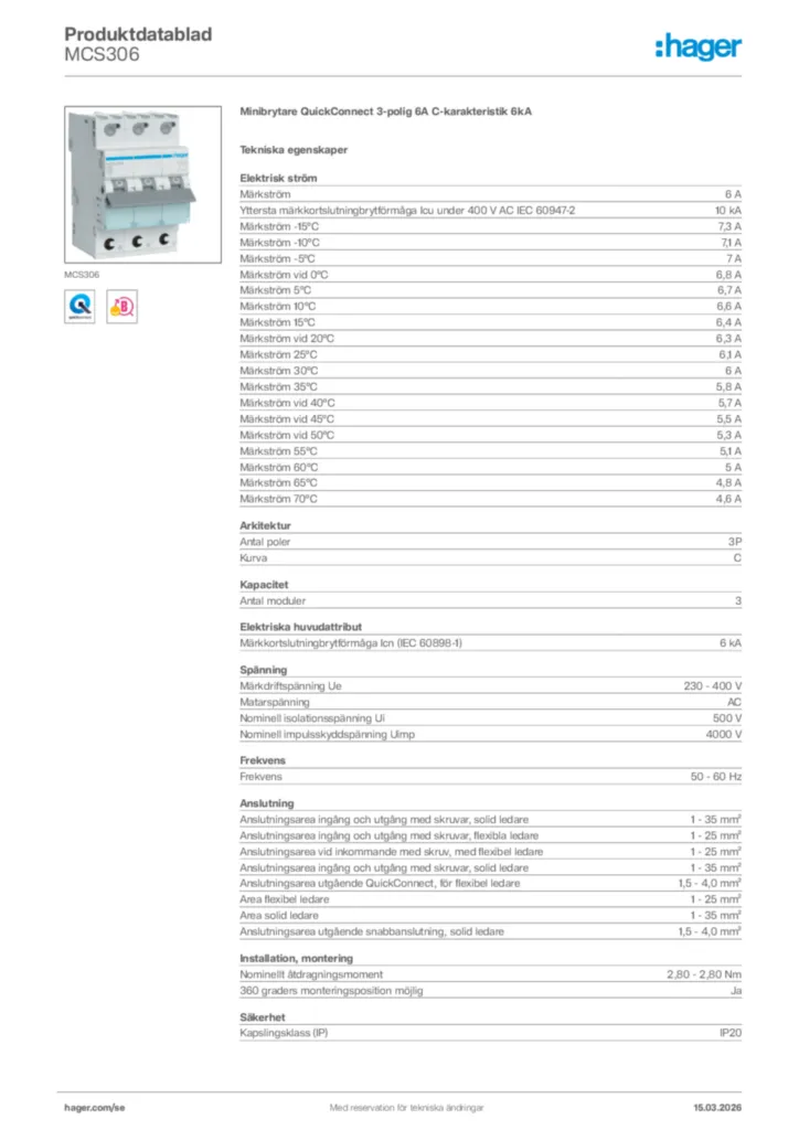 Bild Hager Produktdatablad MCS306 | Hager Sverige