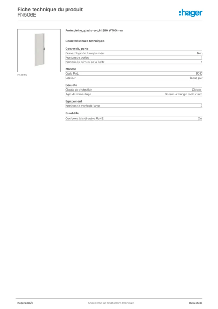 Image Hager Fiche technique du produit FN506E | Hager France