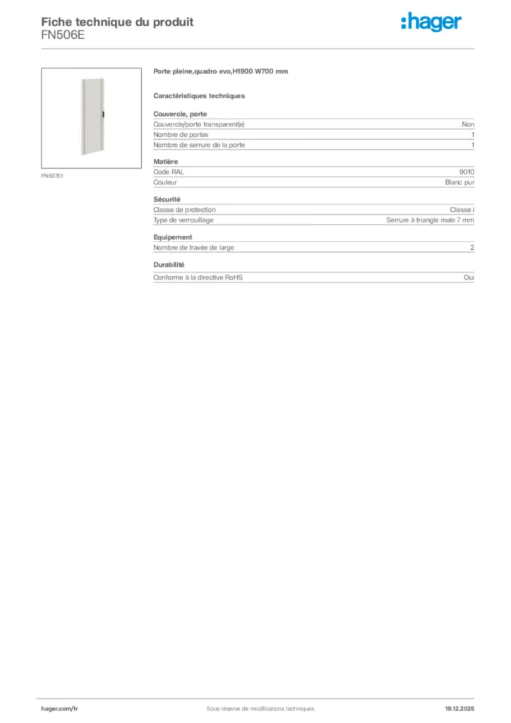 Image Hager Fiche technique du produit FN506E | Hager France