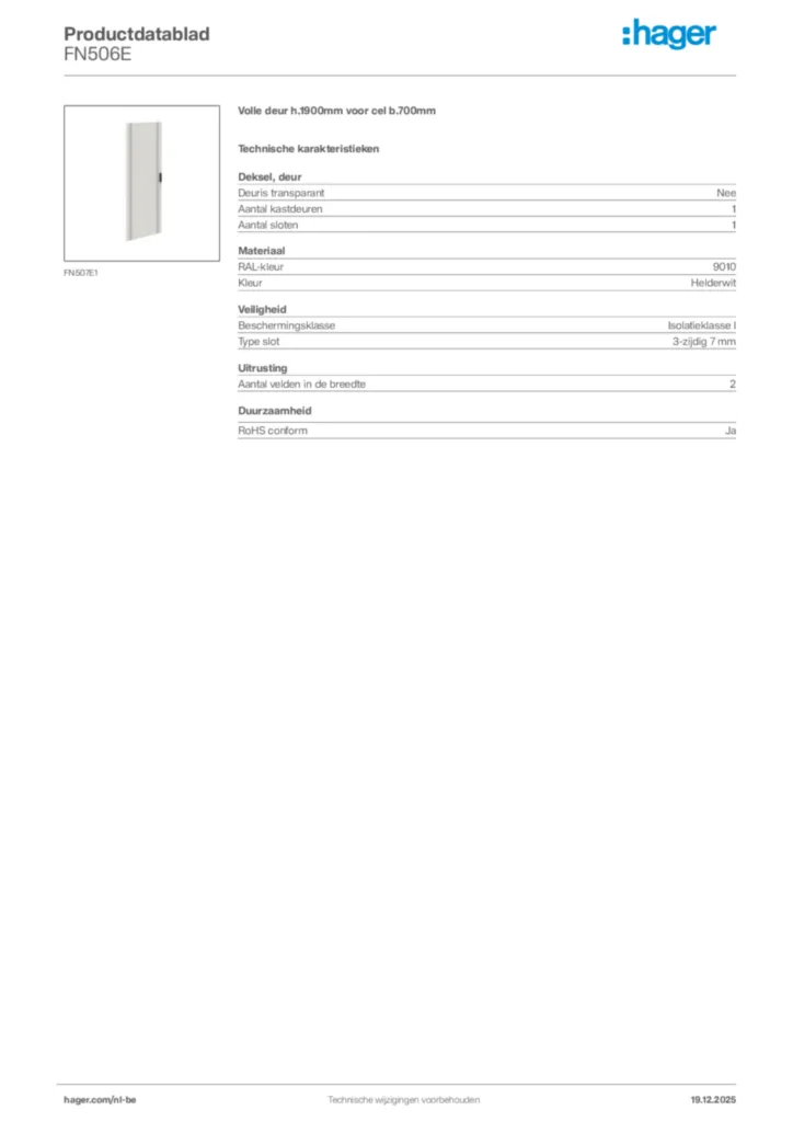 Afbeelding Hager Productdatablad FN506E | Hager Belgium