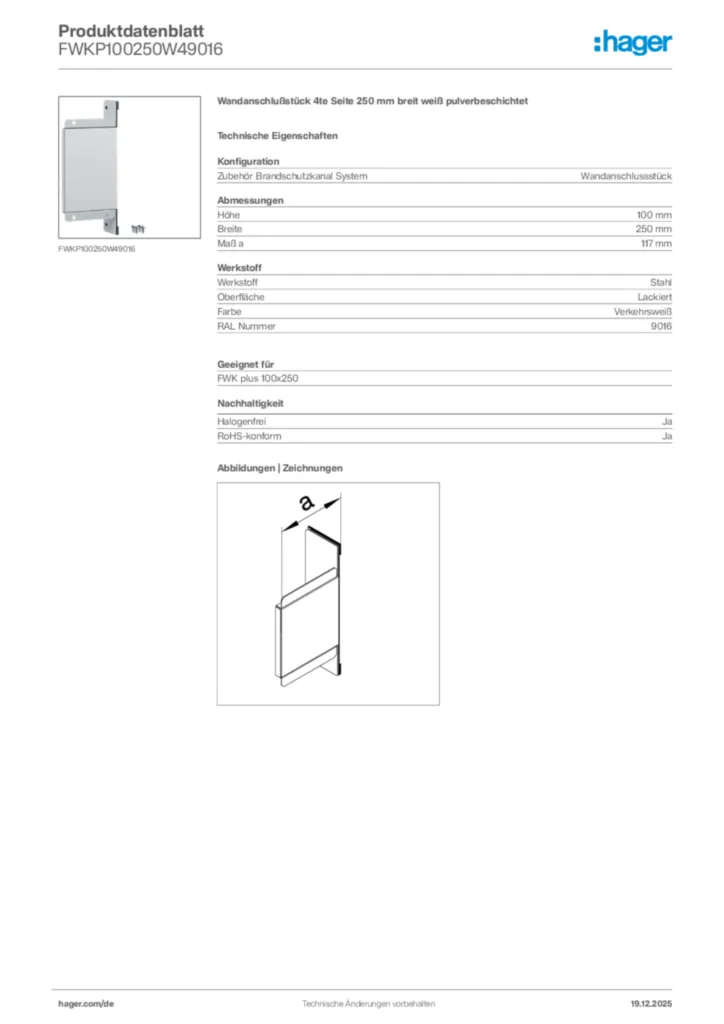 Bild Hager Produktdatenblatt FWKP100250W49016 | Hager Deutschland