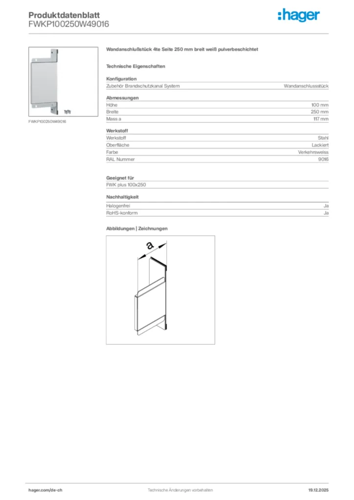 Bild Hager Produktdatenblatt FWKP100250W49016 | Hager Schweiz