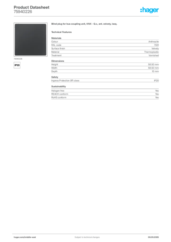 Image Hager Product data sheet 75940226  | Hager
