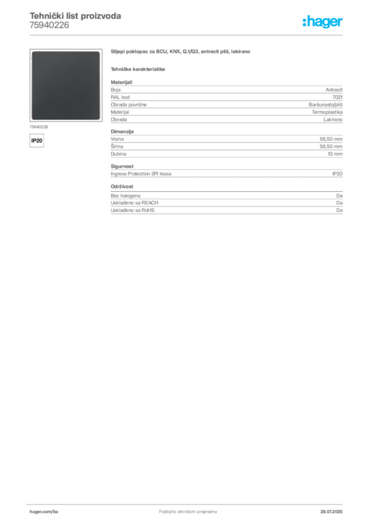 Slika Hager Product data sheet 75940226  | Hager