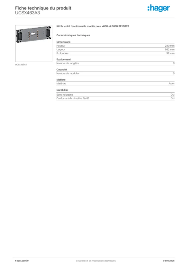 Image Hager Fiche technique du produit UCSX463A3 | Hager France