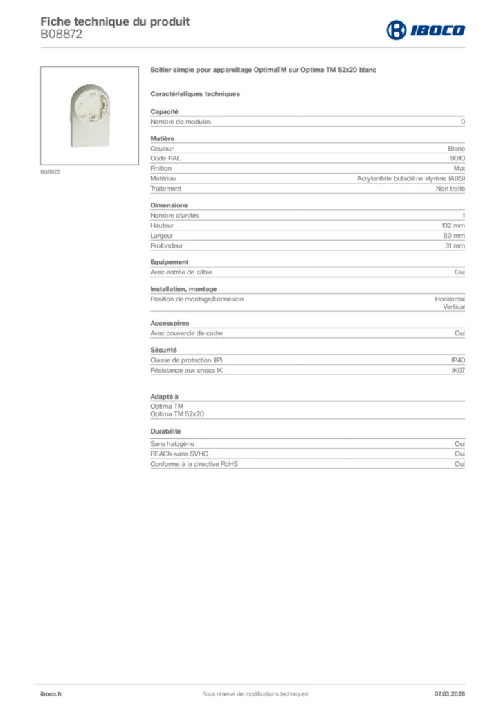 Image Iboco Fiche technique du produit B08872 | Hager France