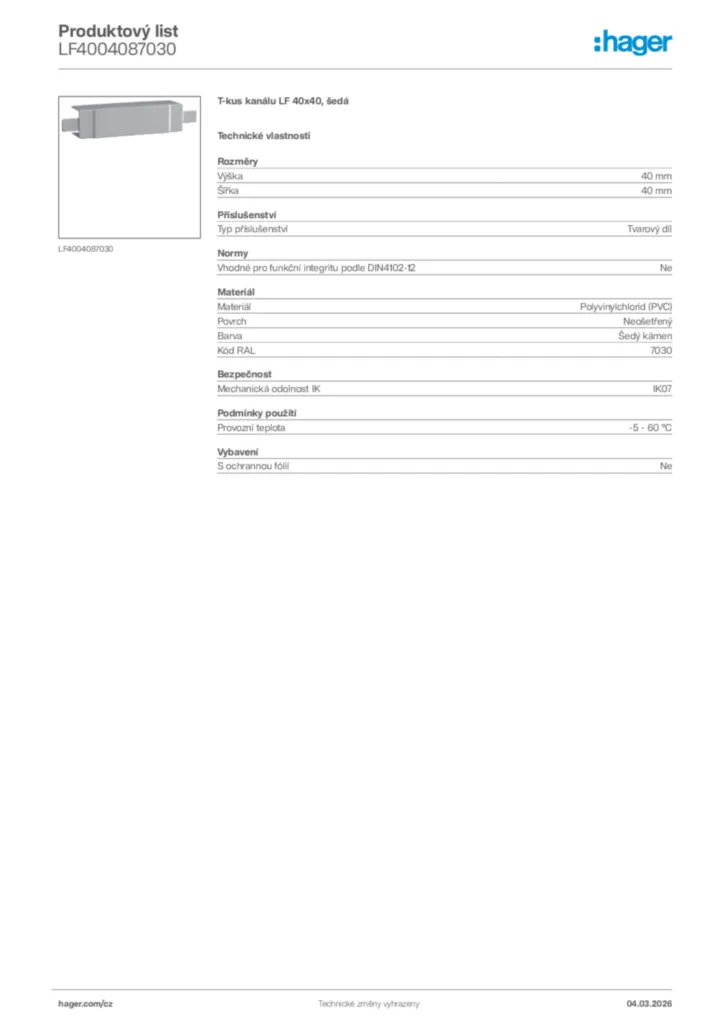 Obrázek Hager Product data sheet LF4004087030 | Hager