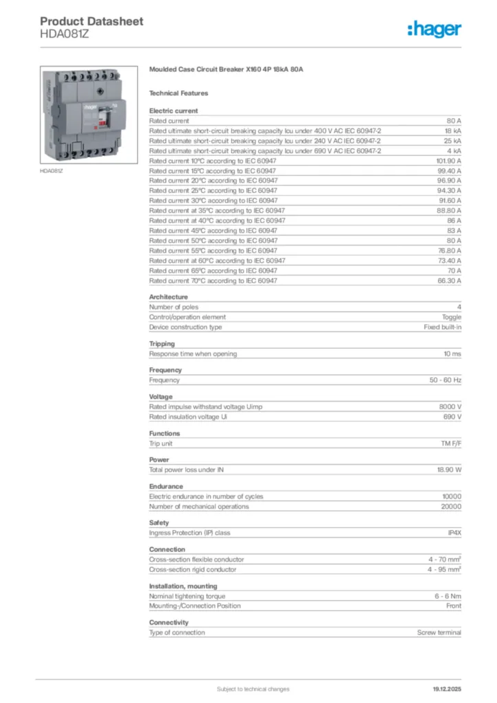 Image Hager Product data sheet HDA081Z  | Hager Africa
