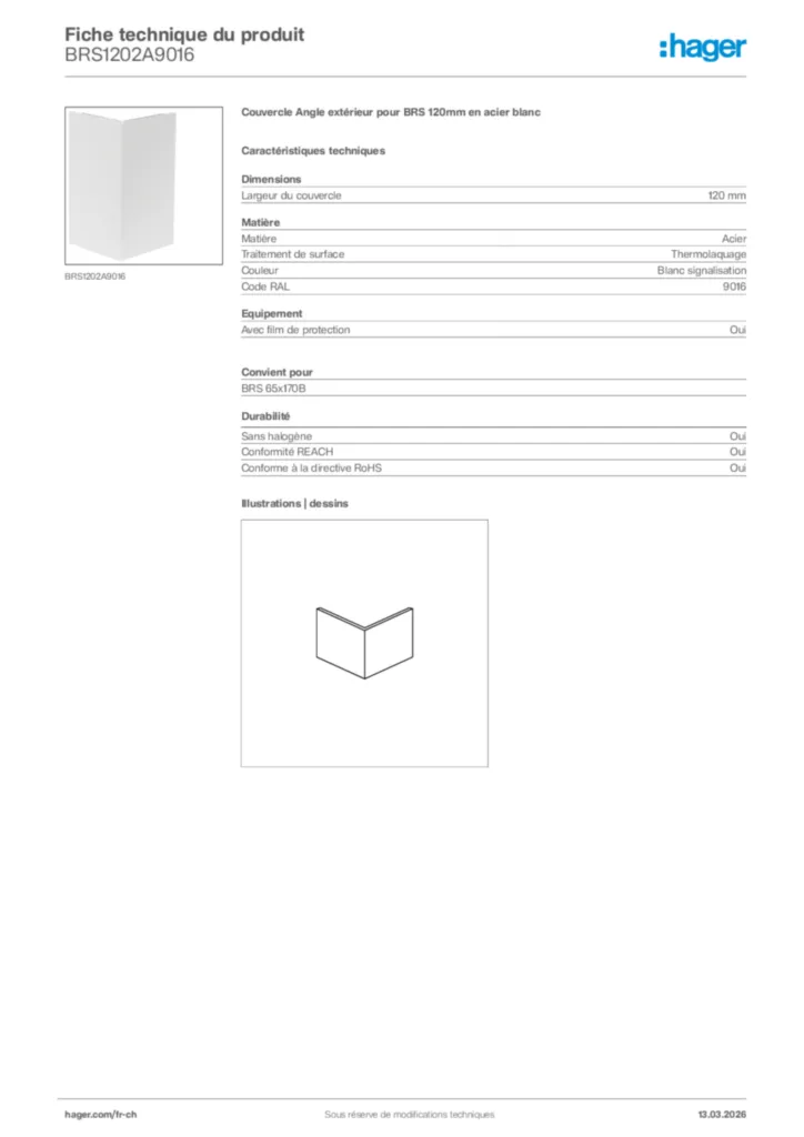Image Hager Fiche technique du produit BRS1202A9016 | Hager Suisse