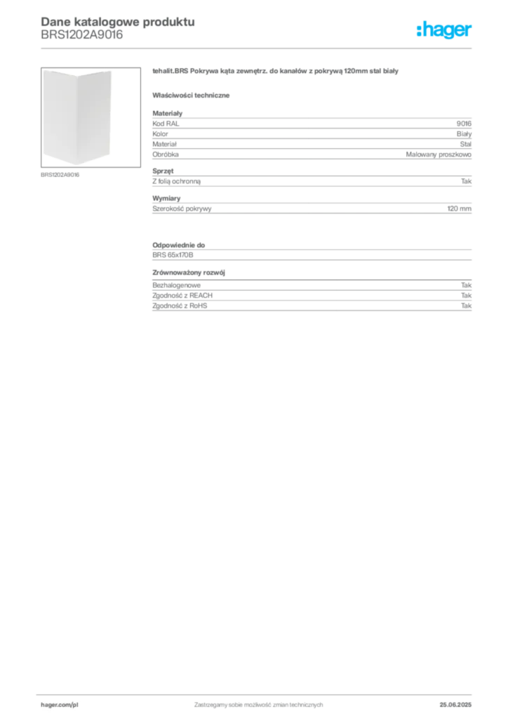 Zdjęcie Hager Karta katalogowa BRS1202A9016 | Hager Polska