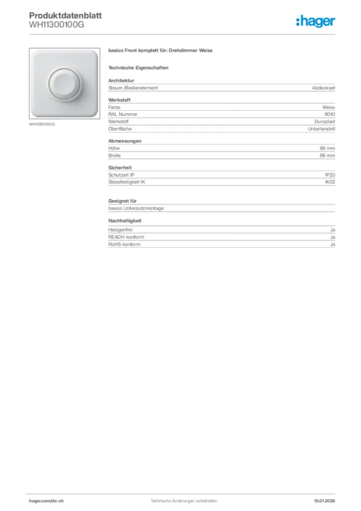 Bild Hager Produktdatenblatt WH11300100G | Hager Schweiz