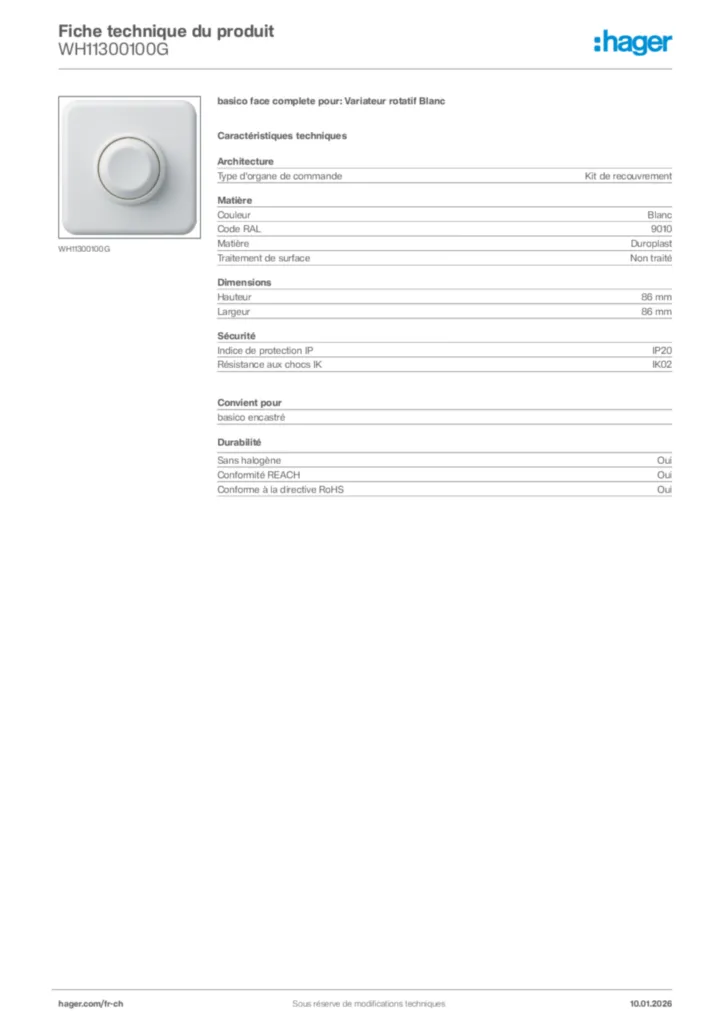 Image Hager Fiche technique du produit WH11300100G | Hager Suisse